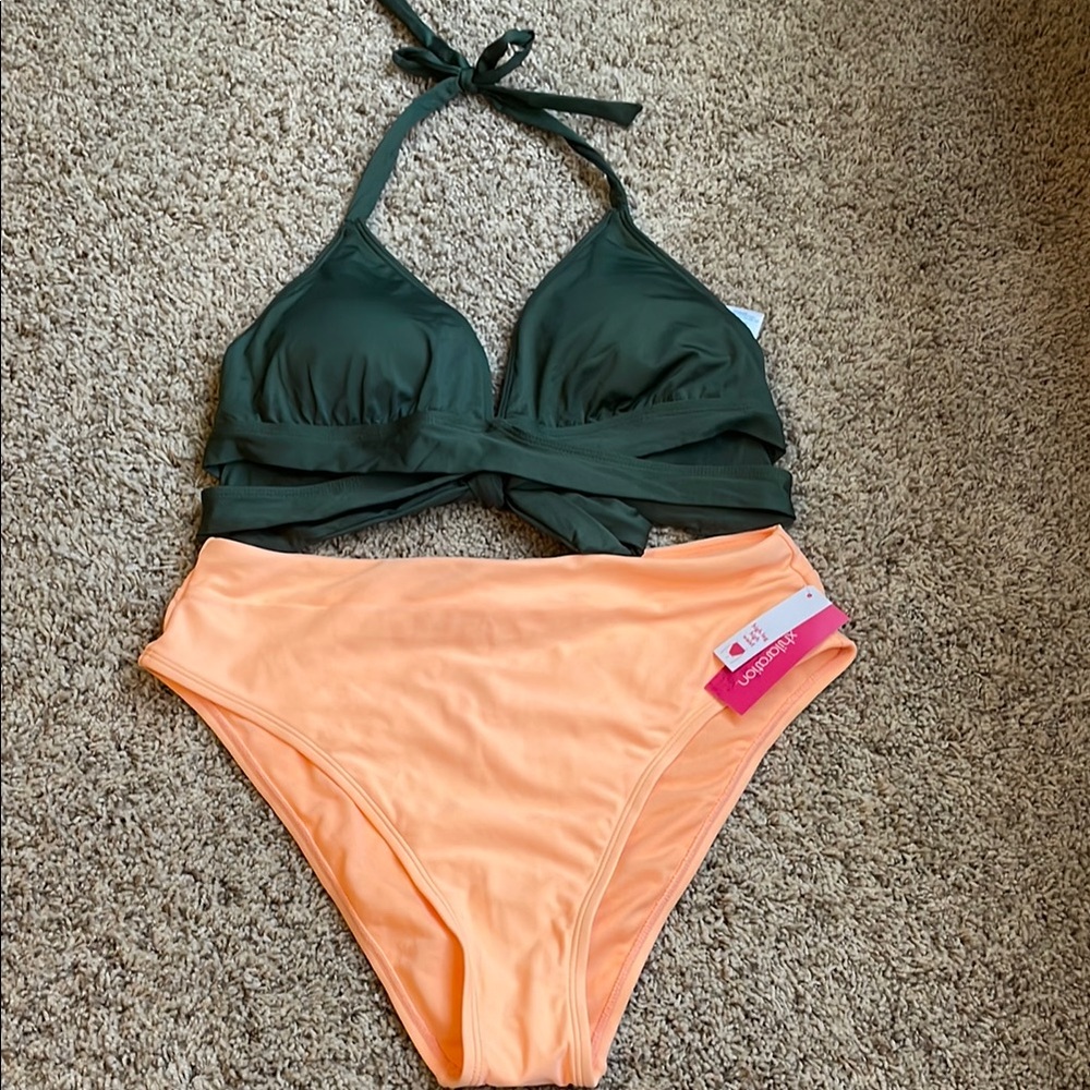 Olive Green and Neon Coral/Orange Bikini Set